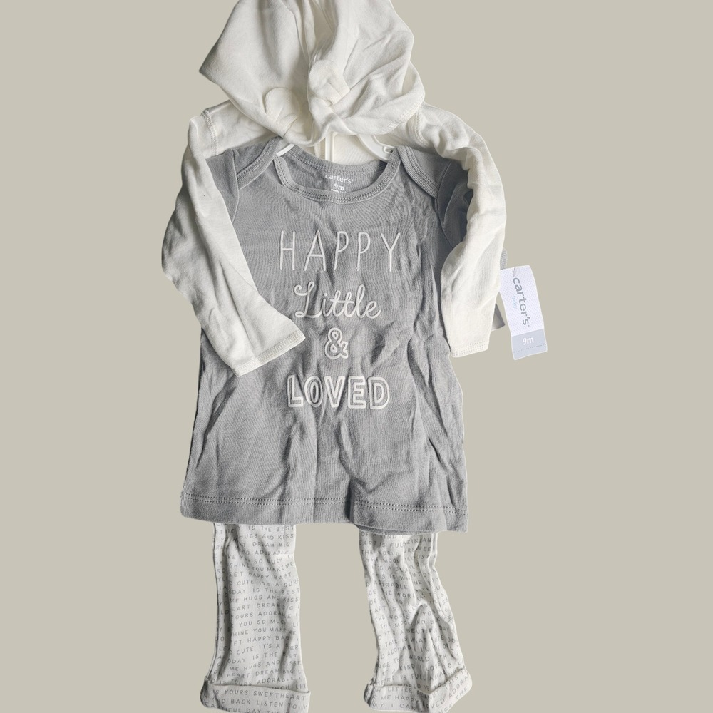 Carter's Baby 9M 3-Piece Set Grey Happy Little Loved Bodysuit Hoodie Pants NWT